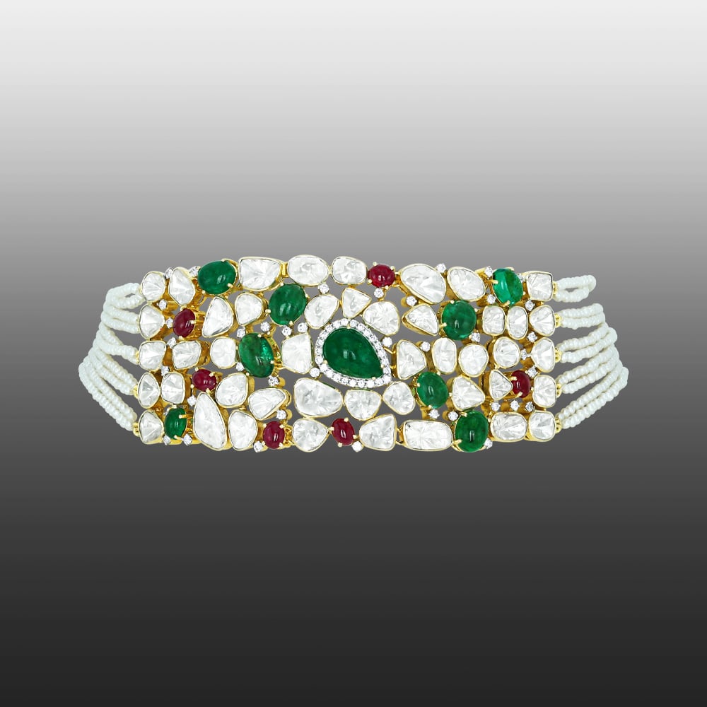Emerald and Ruby Choker with Polki Diamonds and Pearl Strings